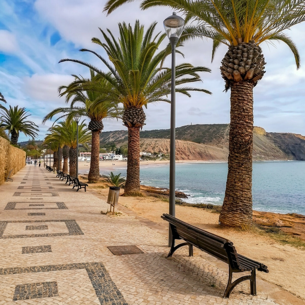 The palm-lined promenade at Praia da Luz curving along the bay towards the cliffs